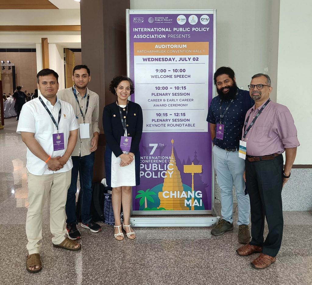 [Left to Right] Mr. Devesh Pandey [PhD Scholar]; Mr. Anubhav Bishen [PhD Scholar]; Dr. Devyani Pande [Assistant Professor, Public Policy]; Mr. Manish [Assistant Professor of Law]; Prof. (Dr.) Sony Pellissery, Professor & Co-Director, Centre for the Study of Social Inclusion